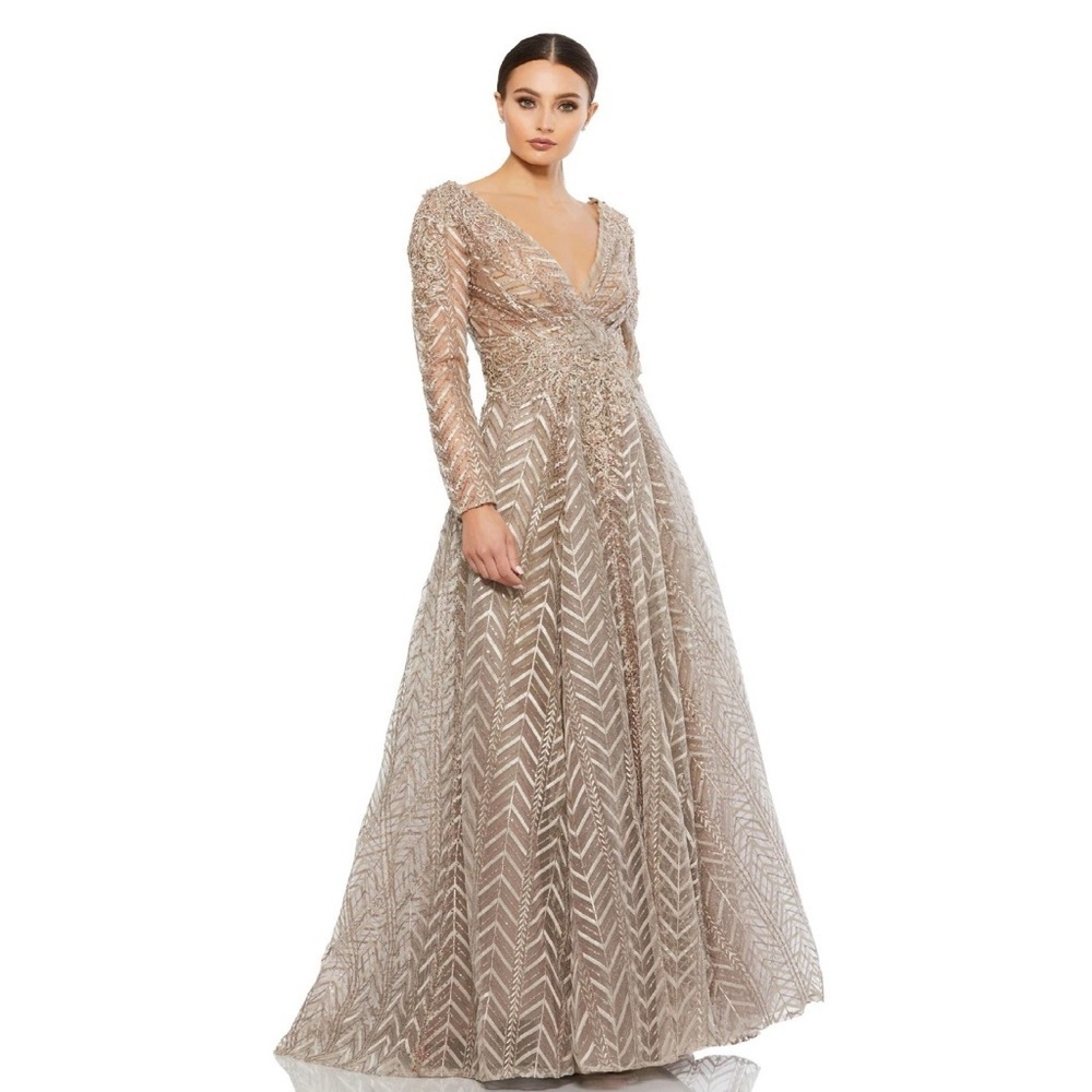 Mac Duggal 20189 Embellished Illusion Long Sleeve Wrap Over A Line Gown Sz 4 NWT